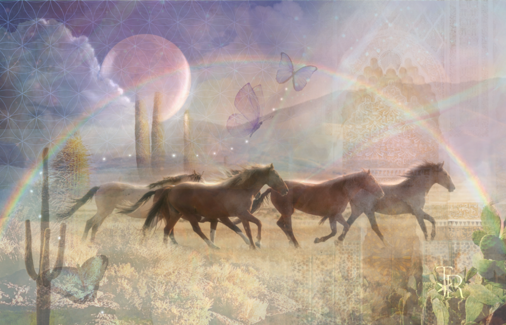 Cosmic Horse Collage, Horses running in desert beneath rainbows and pink moon