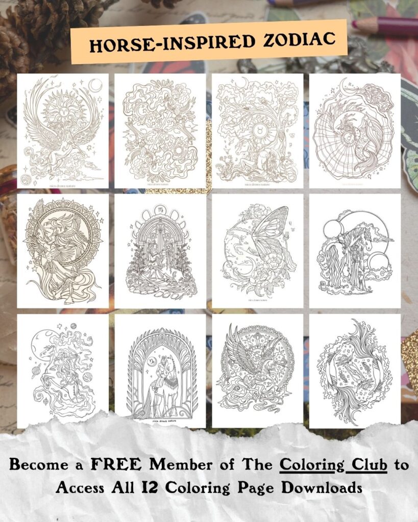 Image of all 12 Zodiac signs with horses. These are Free Horse Coloring pages and printables for adults.