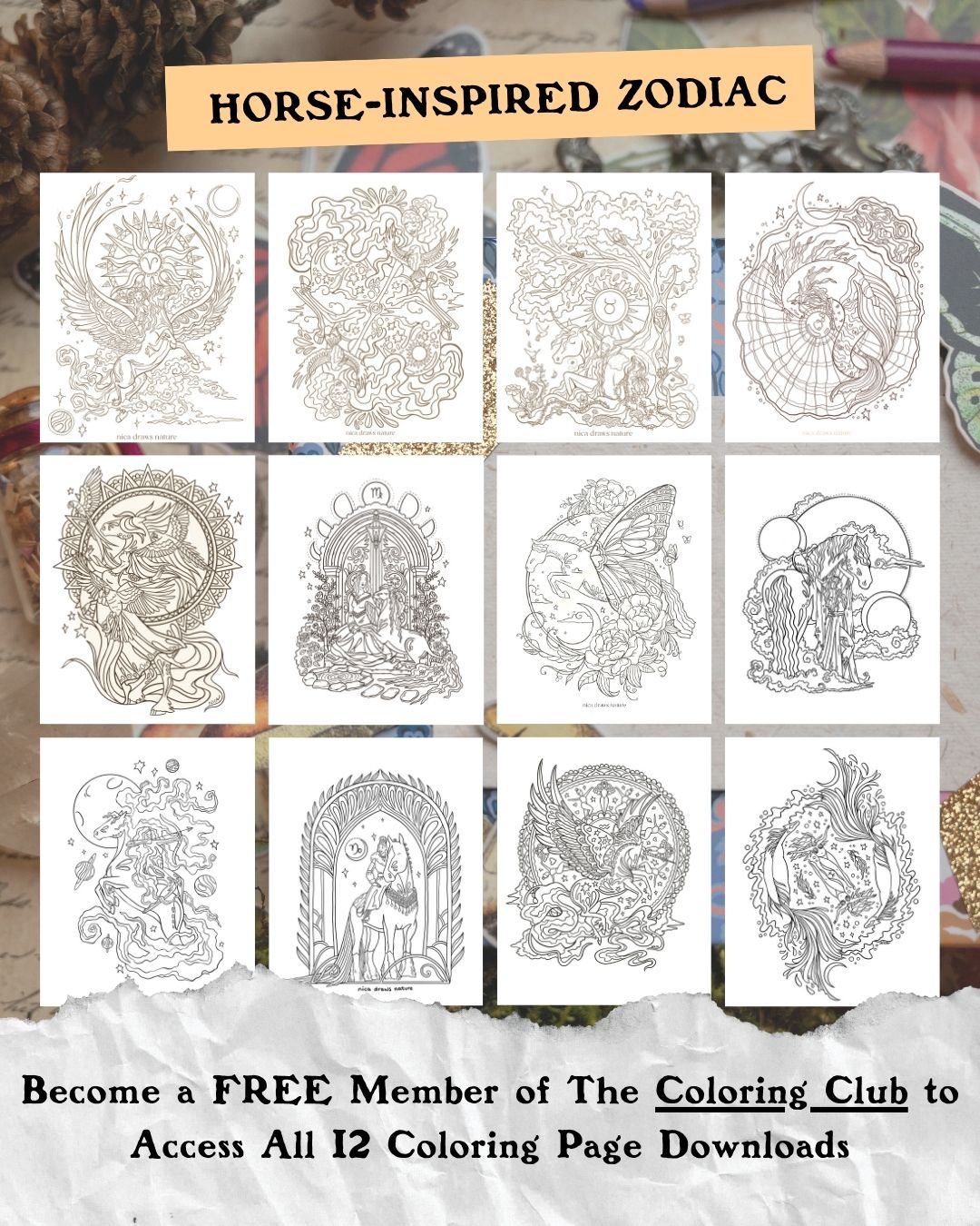 12 Free Horse Coloring pages Printables of the Zodiac Signs.