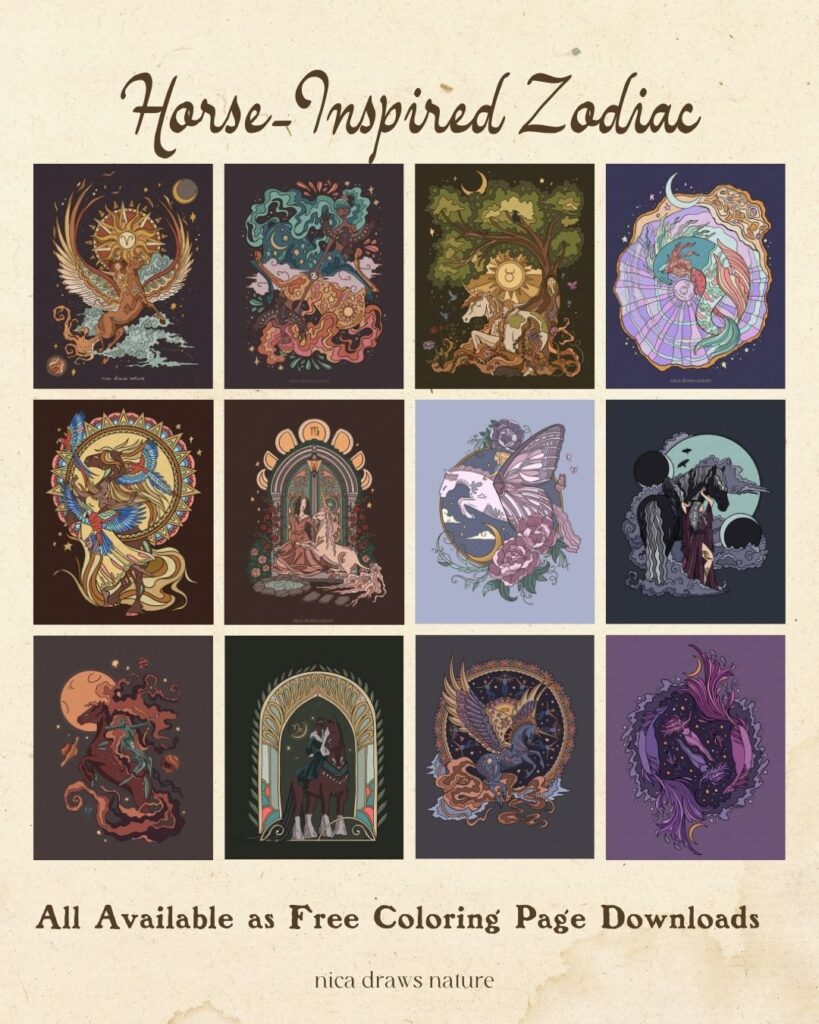 12 horse drawings of zodiac signs as coloring pages
