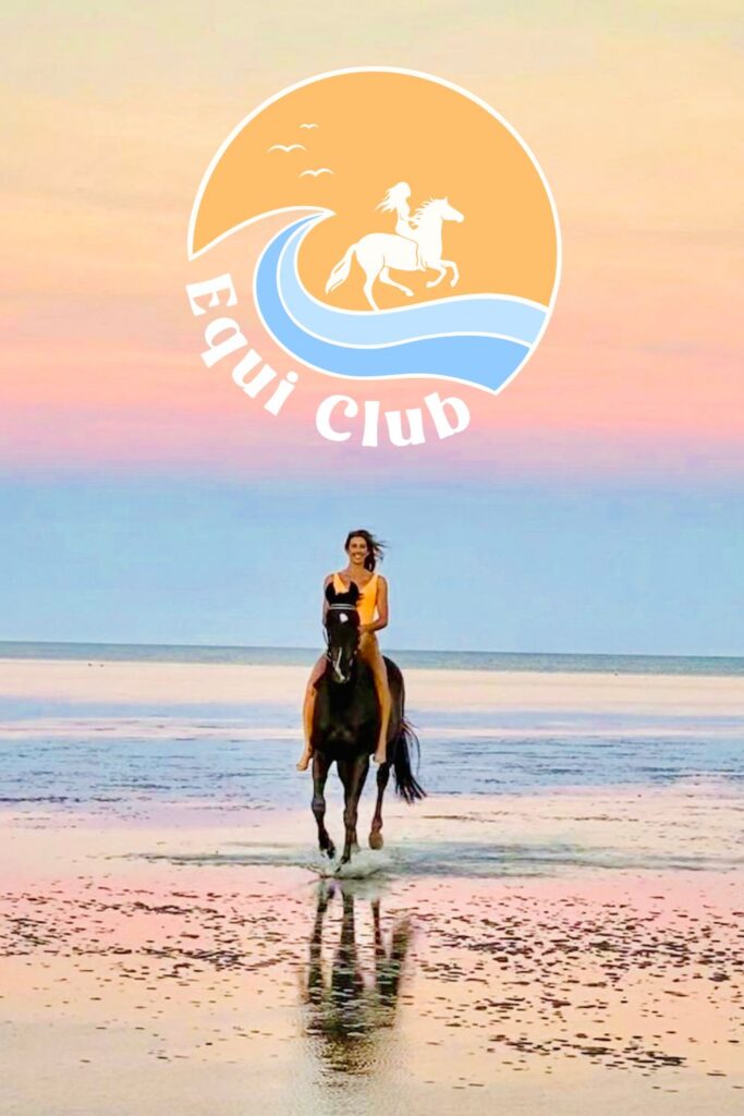 Girl riding horse bareback on a beach in a swimsuit at sunset. 