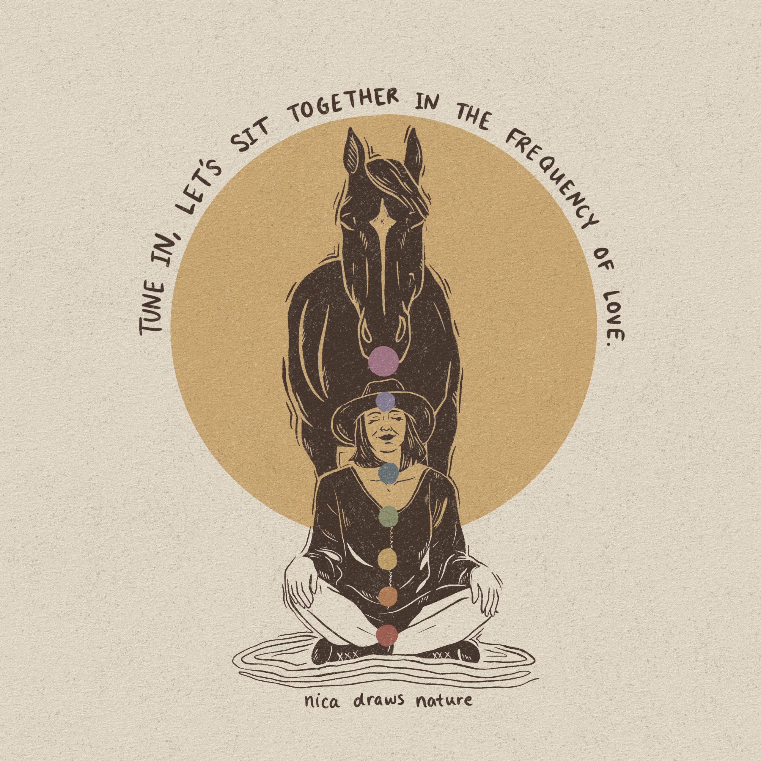 Horse drawing of woman meditating sitting directly below horse, chakras aligned, sitting in the frequency of love