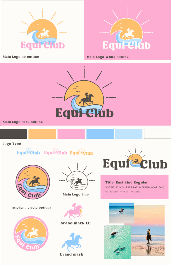 Brand board full of logo designs and color palettes for Equi Club